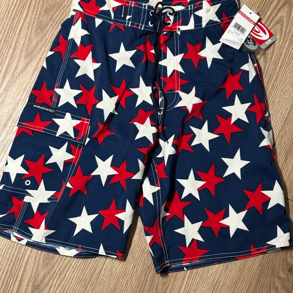 Quiksilver Blue and Red Board Shorts with Star Design